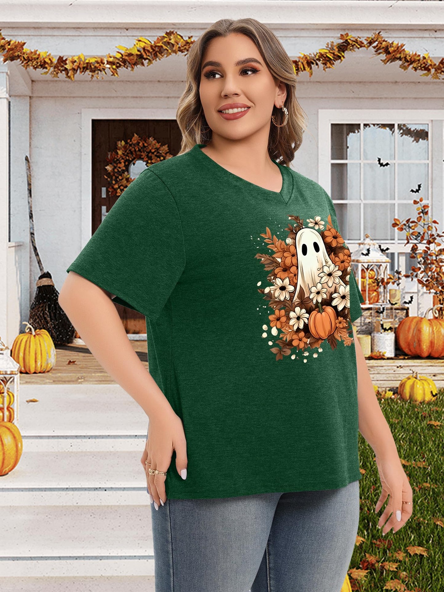 Plus Size T Shirt Women Cute Graphic Tees Short Sleeve Ghost Loose Fit Casual Tops