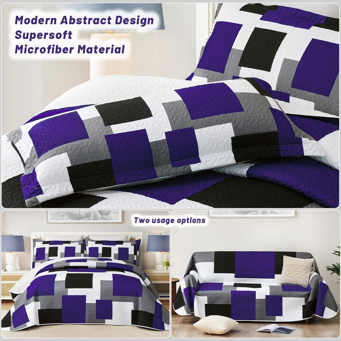 Tyrot 3 Piece Dark Purple Grey Quilt Set Full/Queen Size Black White Geometric Reversible Bedding Set Microfiber Lightweight Bedspread Coverlet with 2 Shams Modern Bed Covers for All Season, 90''x96''