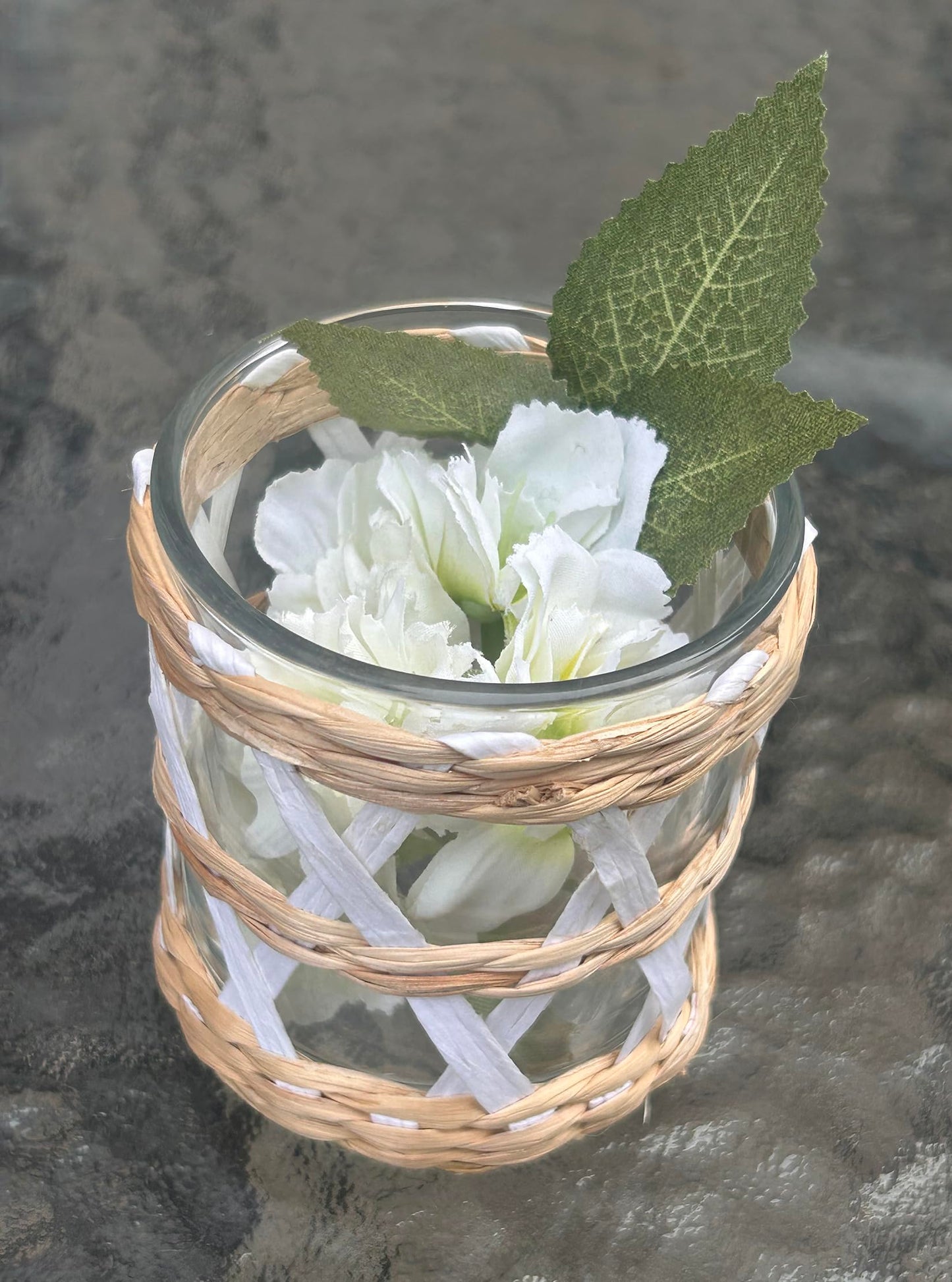 Pack 4 White Woven Rattan Tealight Candle Holders Candle Lantern - Coastal Tropical Glass Tea Light Holder Hurricane, Natural Seagrass Boho Hand Woven Votive Candle Holder