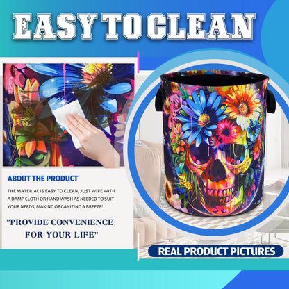 Skull Flowers Laundry Basket Oxford Cloth Funny Skeleton Laundry Hamper With Handle Foldable Portable Clothes Storage Basket 18.9 X 16.5 In Storage Bag For Laundry Room/Bathroom/Bedroom/Dormitories