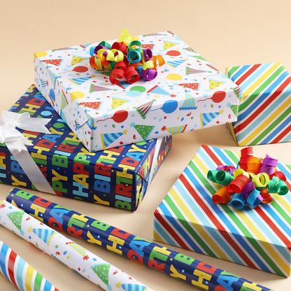 BIOBROWN Birthday Wrapping Paper, Colorful Gift Wrap with Text Happy Birthday Balloon Stripes Design for Kids, 17 inch X 120 inch Per Roll