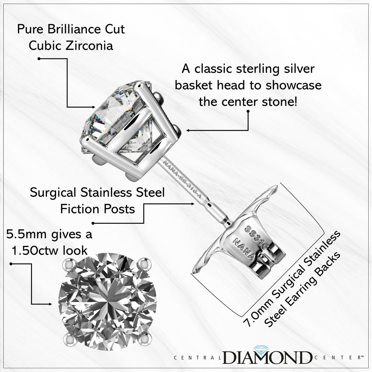 Central Diamond Center Round Simulated Diamond Stud Earrings Hypoallergenic Metal & Sterling Silver CZ - 5.50mm (1.50cttw) Platinum
