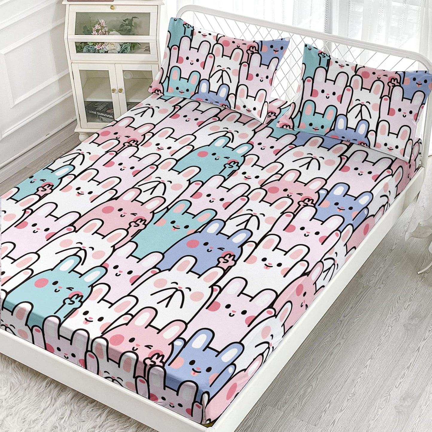 AILONEN Rabbit Fitted Sheet Set, Girls Twin Kawaii Bed Sheet Set,Cute Rabbit Bed Sheet Set,Cartoon Bunny Kids Sheet Set 3 Pieces, 1 Fitted Sheet and 2 Pillowcases