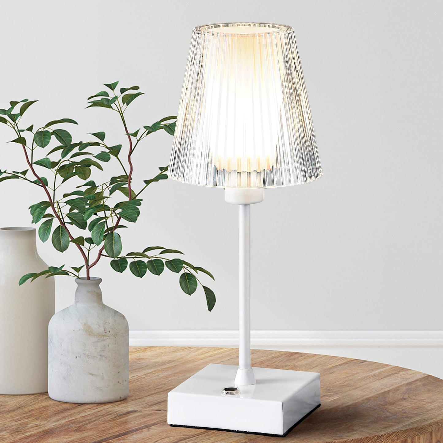 JONATHAN Y 12.5" White Cordless Portable Rechargeable LED Lamp, with Clear Ribbed Acrylic Shade, Touch Dimmable Modern Industrial Mini Accent Lamp for Bar Vanity (JYL7225B)