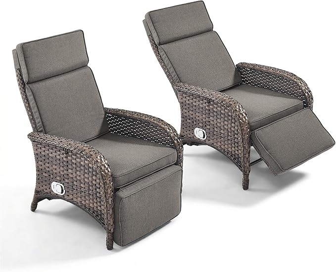 Zero Gravity Wicker Patio Recliner Chairs Set of 2 - Wicker Outdoor Lounge Chair with Adjustable Backrest & Footrest, All Weather Outdoor Reclining Chairs with Thick Cushion for Pool Deck Grey