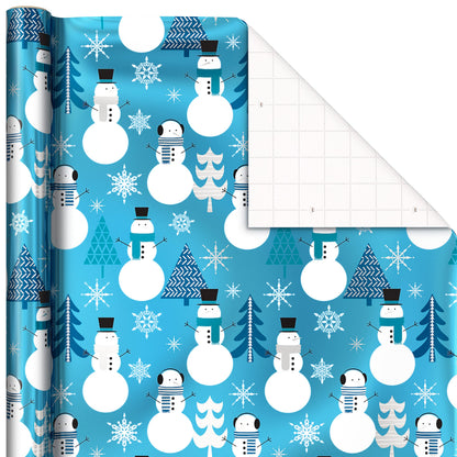 Hallmark Blue Foil Christmas Wrapping Paper with Cut Lines on Reverse (3 Rolls: 60 sq. ft. ttl) Snowmen, Snowflakes, Christmas Trees