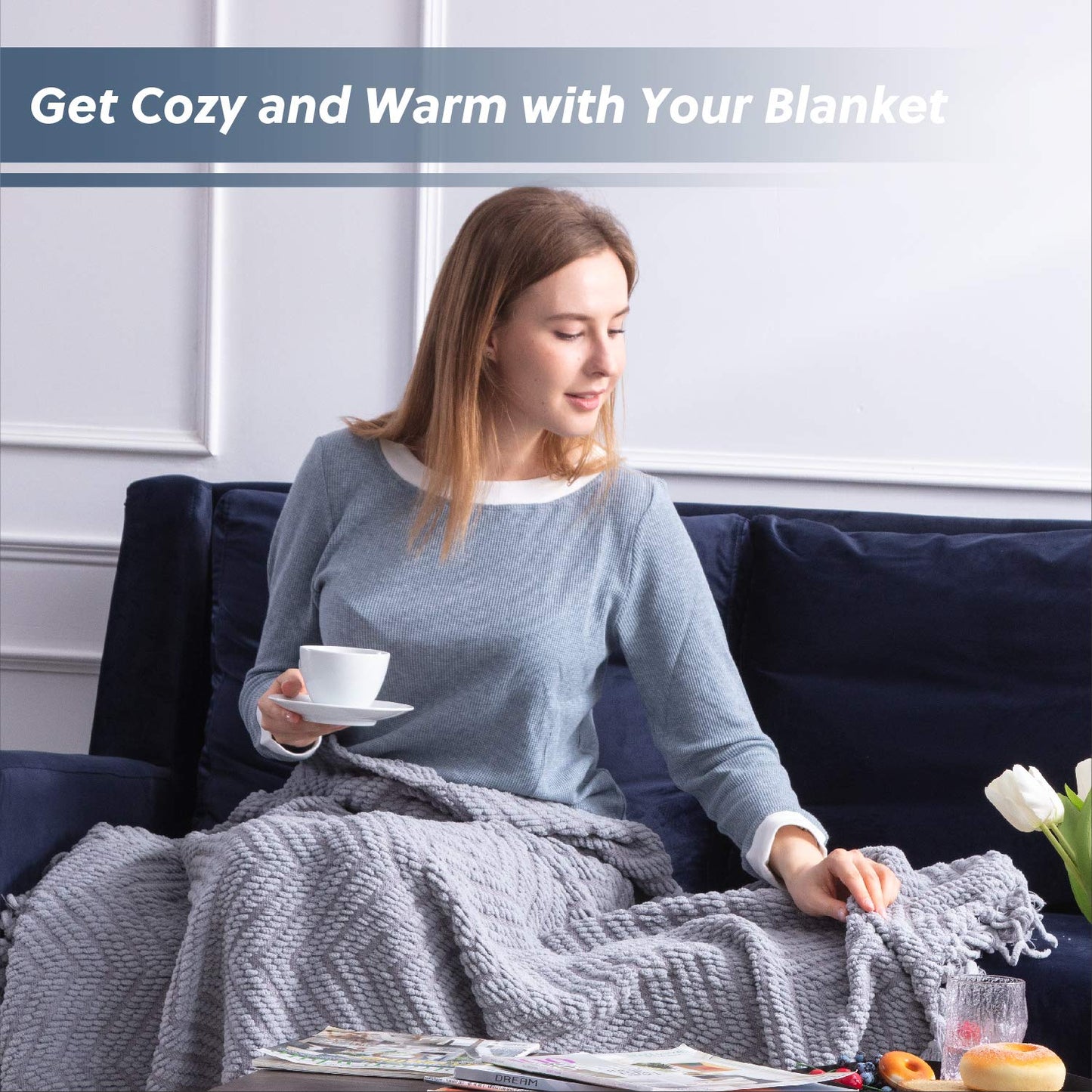 Bedsure Throw Blankets for Couch - Textured Chunky Knit Woven Chenille Blanket - Super Soft, Warm Decorative Boho Throw with Tassels for Bed, Sofa and Living Room Decor, Grey, 50x60 Inches