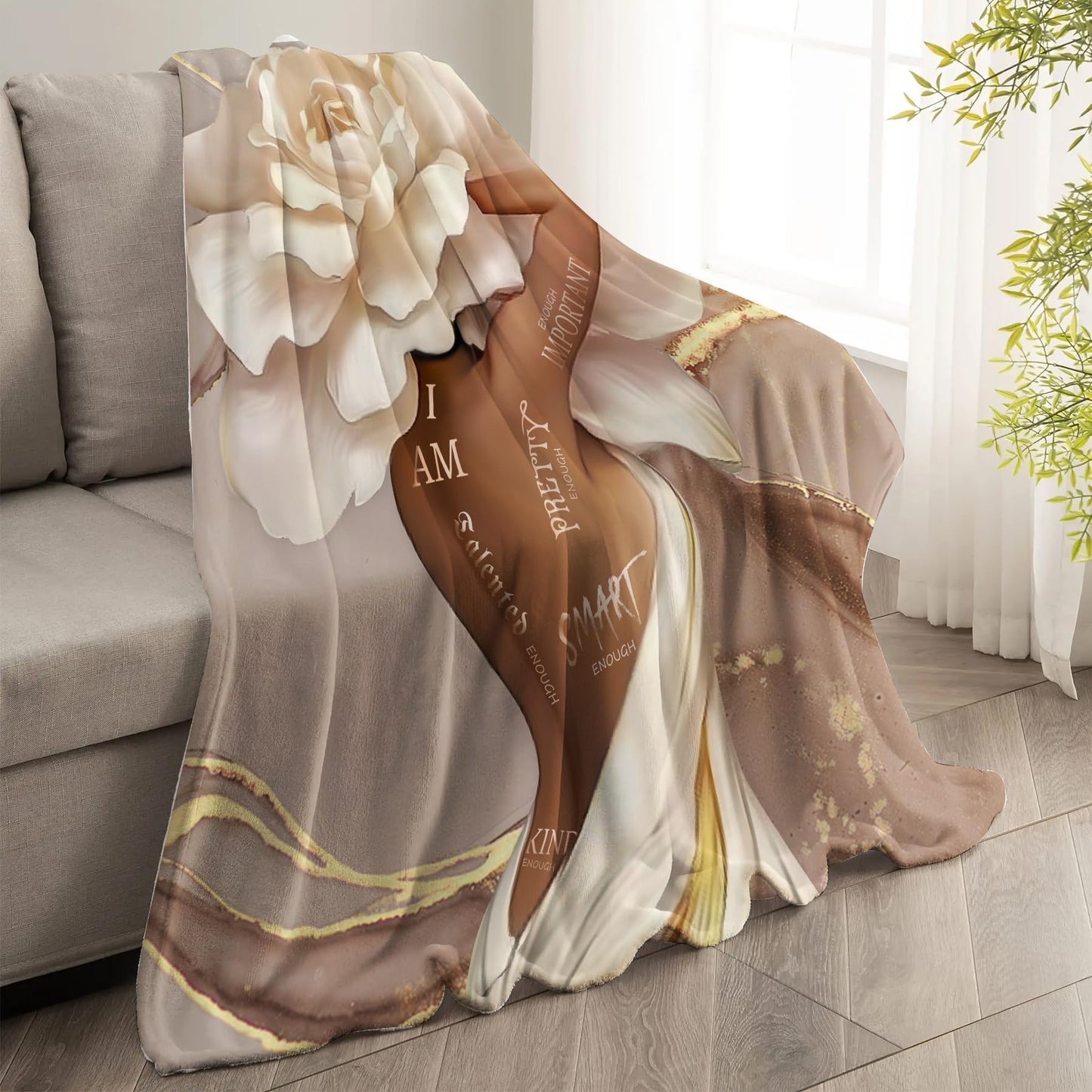 Yookeb African American Flower Throw Blanket Black Girl Woman Sexy Marble Inspirational Motivational Positive Soft Warm Gift Flannel Blanket for Couch Sofa Chair Bed or Dorm, 50 x 60 Inch