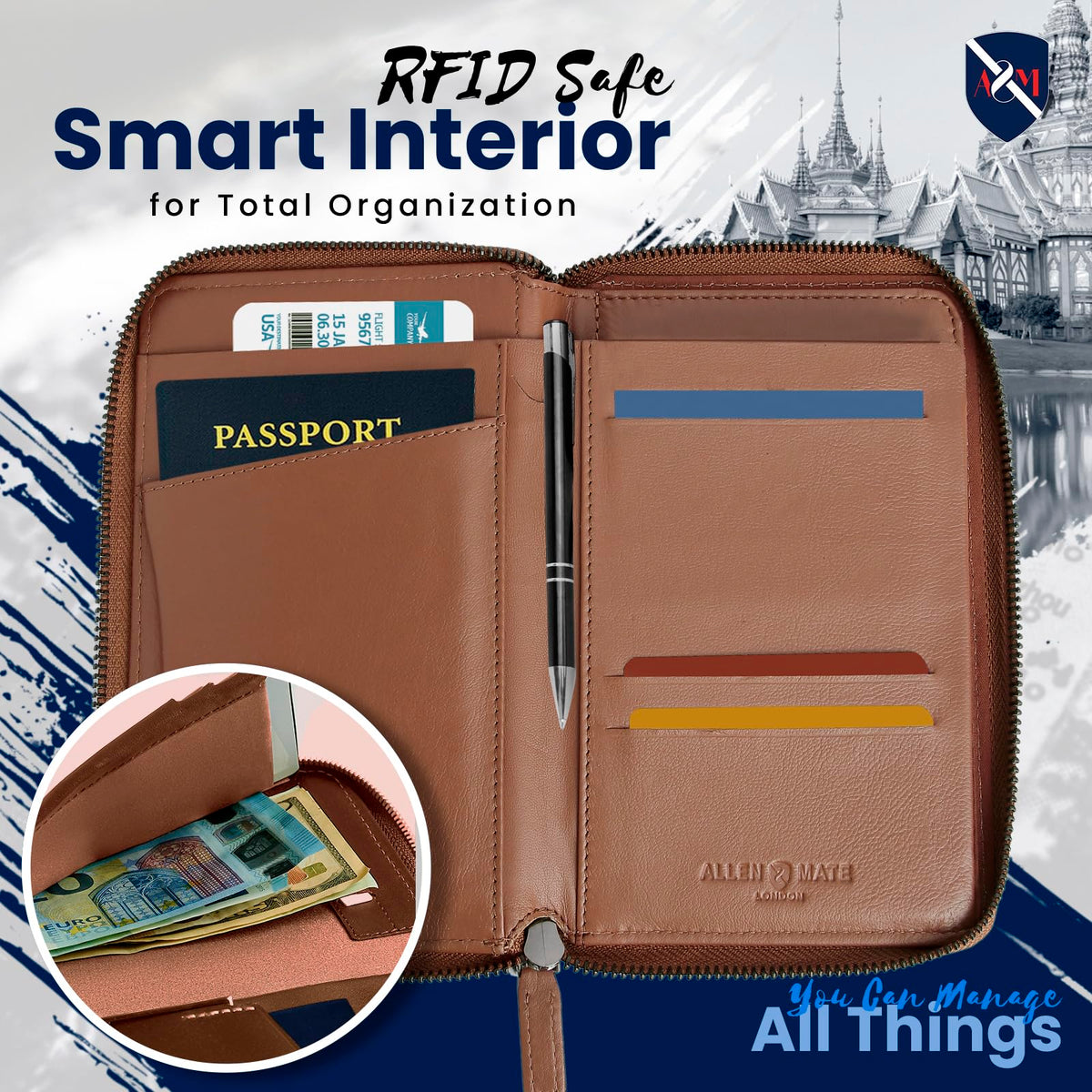 ALLEN & MATE 100% Leather Passport Holder for Travel RFID Blocking Passport Wallet for Men & Women - Zippered Compact Travel Document Organizer Fits Passport, Cash, Cards, SIM, ID and Tickets