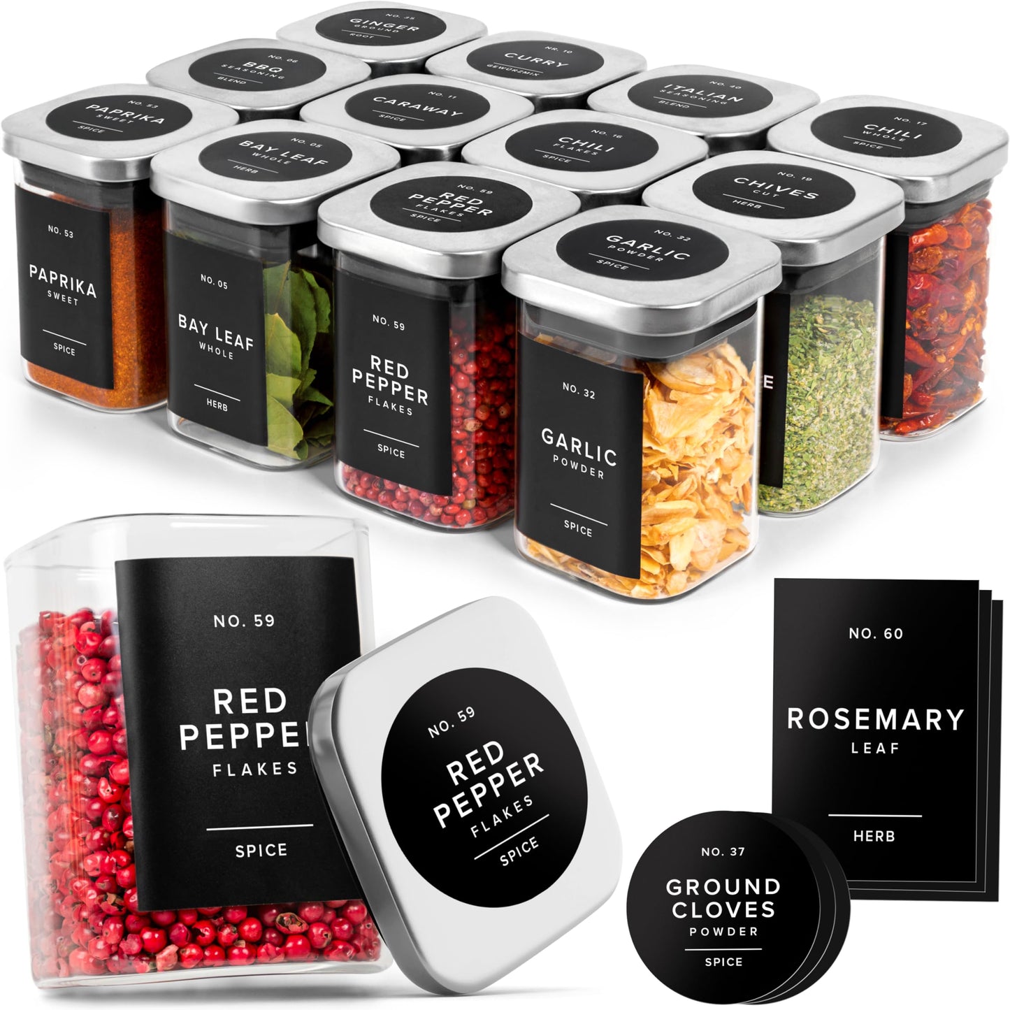 EDELHAUS Glass Spice Jars with Labels and Steel Lids (12 x 6.4oz) Spice Containers with 160 Label, Steel Funnel, Shaker Inserts, Empty Square Seasoning Organizer for Spice Rack, Cabinet, Drawer