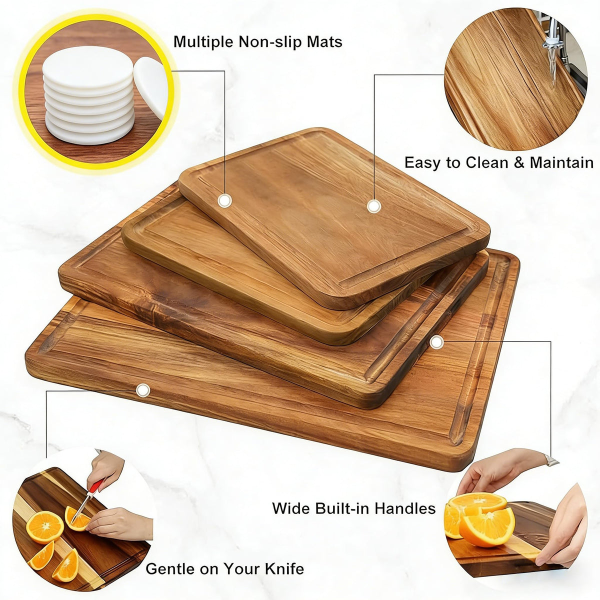 AZRHOM Large Wood Cutting Boards Set of 4 for Kitchen Cheese Charcuterie Board (Gift Box Included) Acacia Butcher Block with Non-slip Mats, Juice Groove and Handles (16x12, 14x10, double 11x8 inch)-4