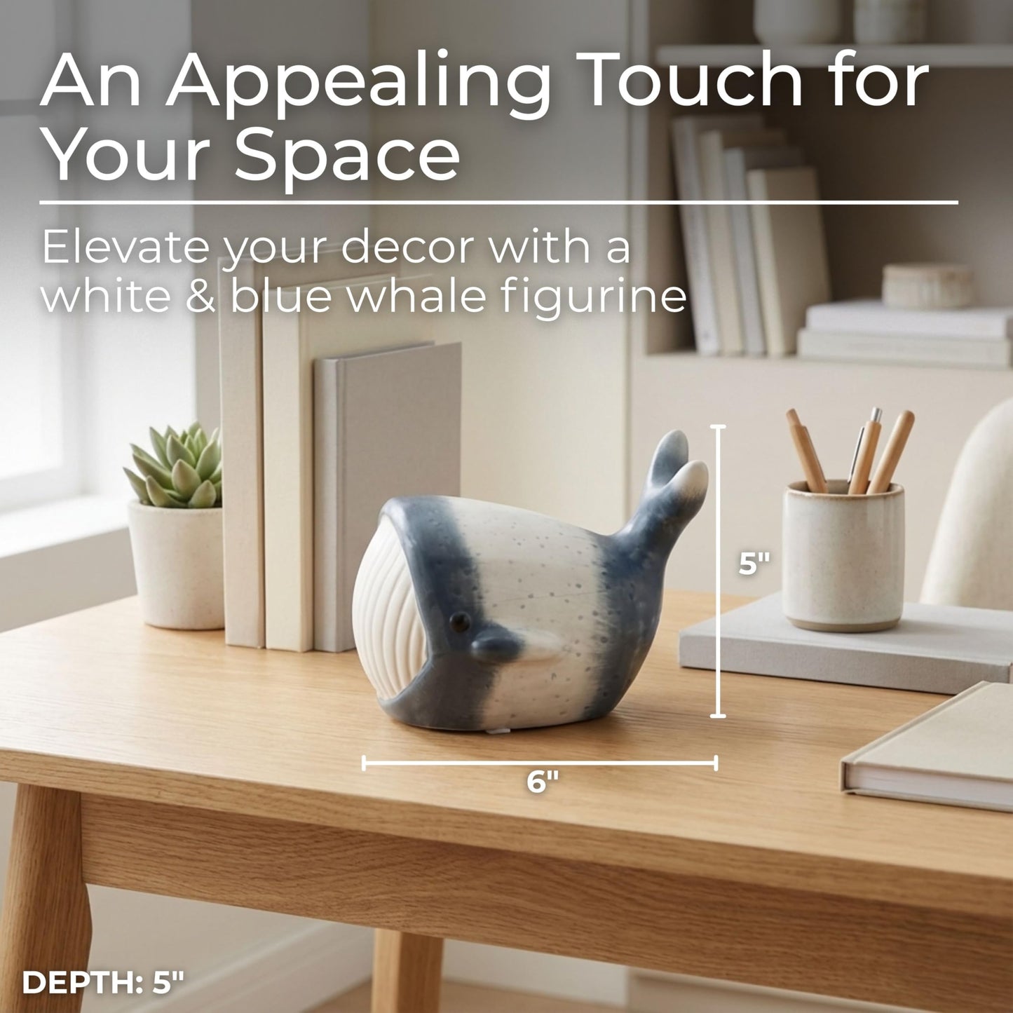 Blue Whale Figurine – Coastal Stoneware Sculpture, Ocean Animal Ceramic Statue for Shelf or Coffee Table Display, Nautical Accent for Living Room or Office Home Decor – 5", Blue & White