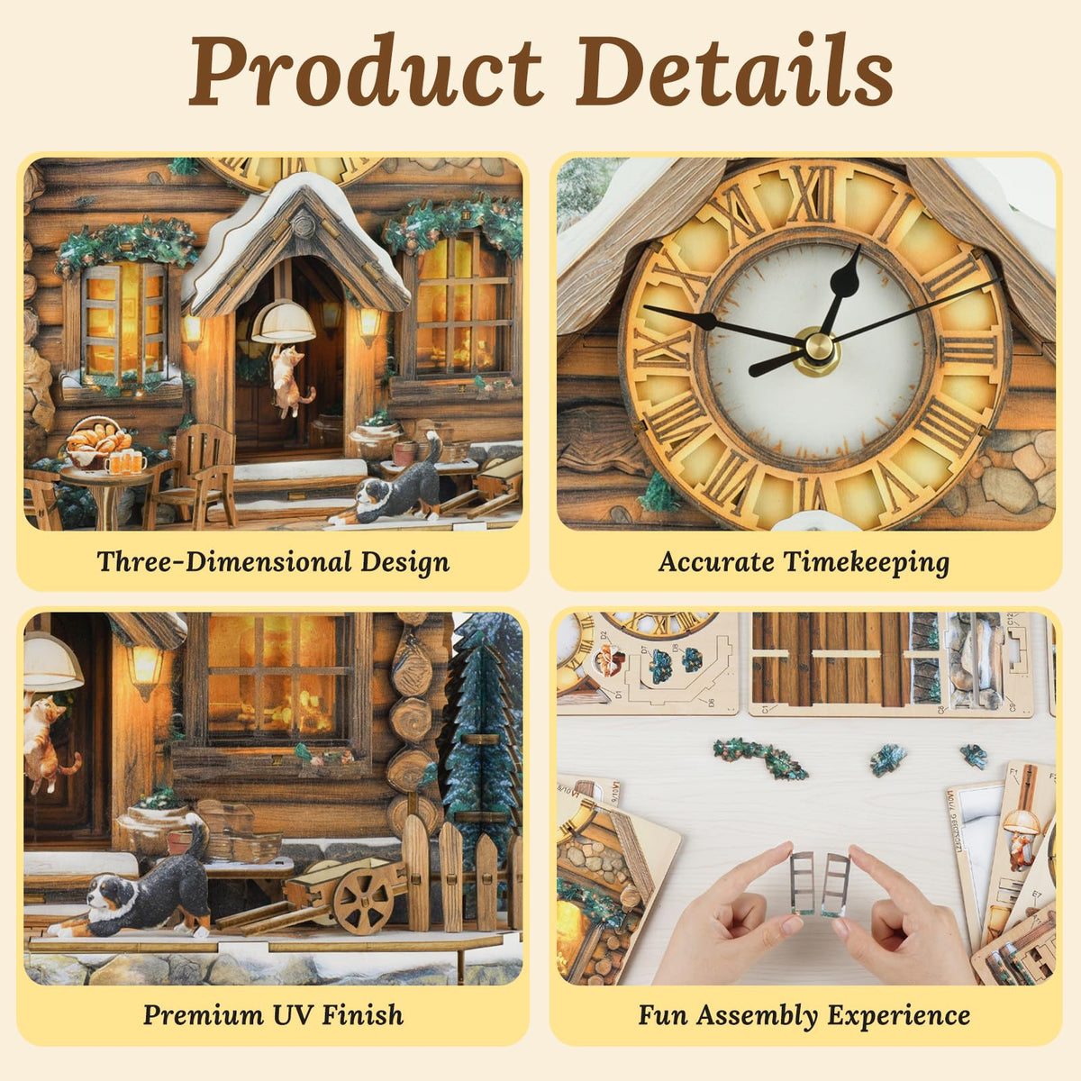 wudhank 3D Puzzle for Adults Clock - Swiss Chalet Design Model Kit-Mechanical DIY Pendulum Clock with Roman Numerals-Desk Home Office Decor Personalized Gift for DIY Lovers