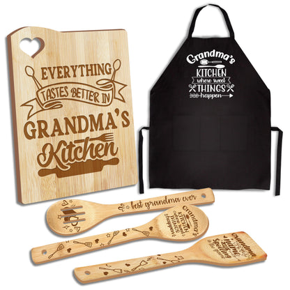Gifts for Grandma, Grandma Kitchen Gifts from Grandkids, Birthday Gift Wooden Cutting Board with Cooking Utensils Set with Apron Set, Great Christmas Mothers Day Gift