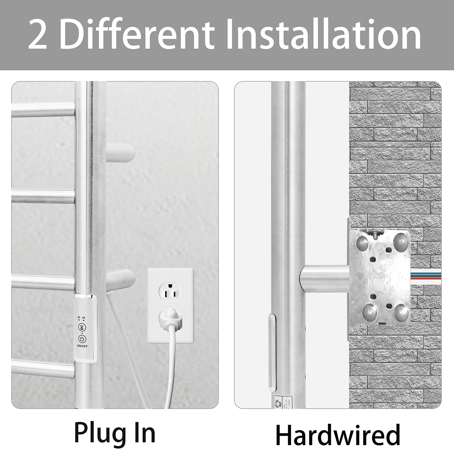 KEG Towel Warmer 8 Bars for Bathroom Freestanding or Wall Mounted Bath Towel Heater Plug-in with Built-in Timer Silver
