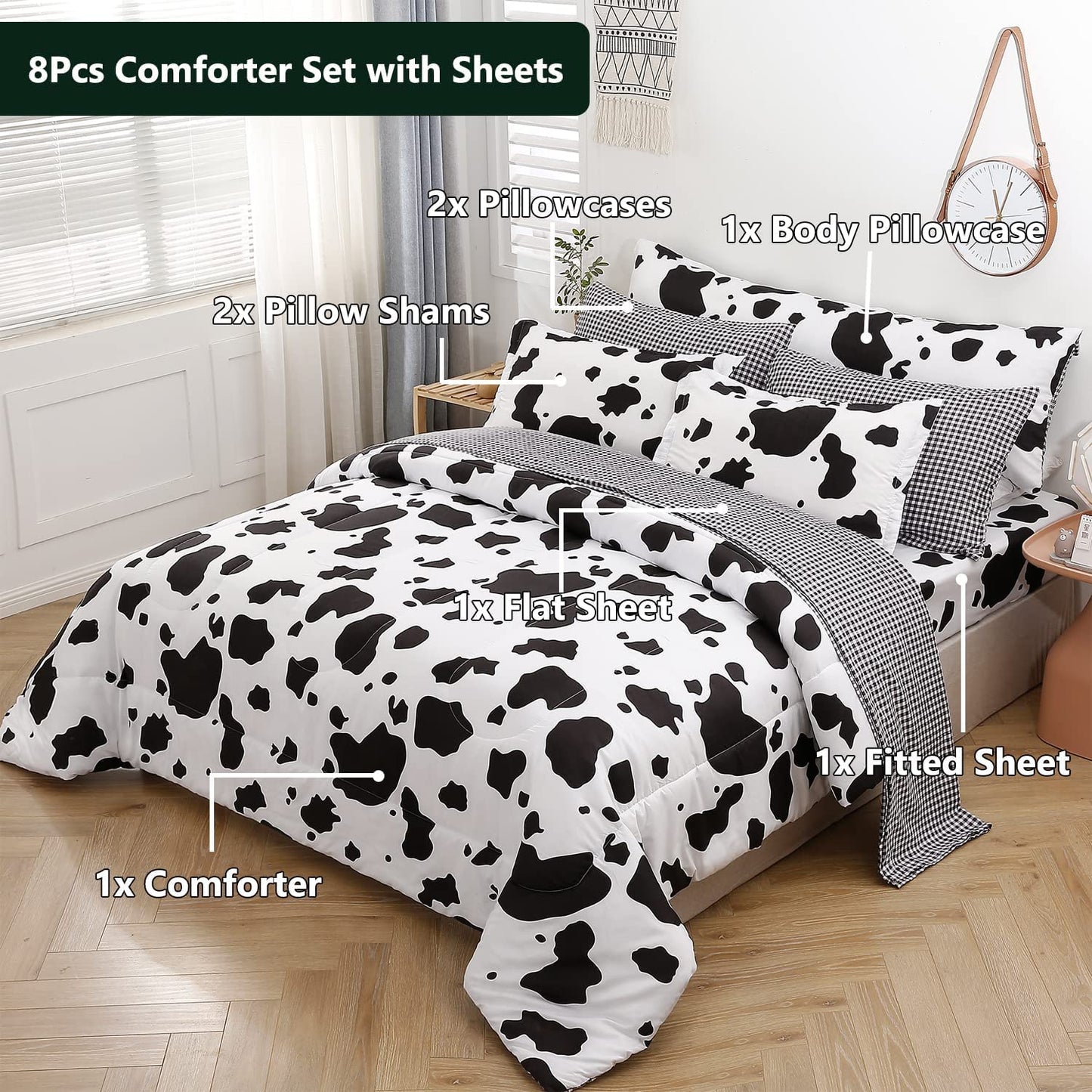 SUCSES Cow Print Full Size Comforter Sets, 8 Pieces Bed in A Bag Comforter Set with Sheets, Black and White Bedding Set for Kids Teens Boys Girls, Animal Print Cute Kid Full Size Bedding