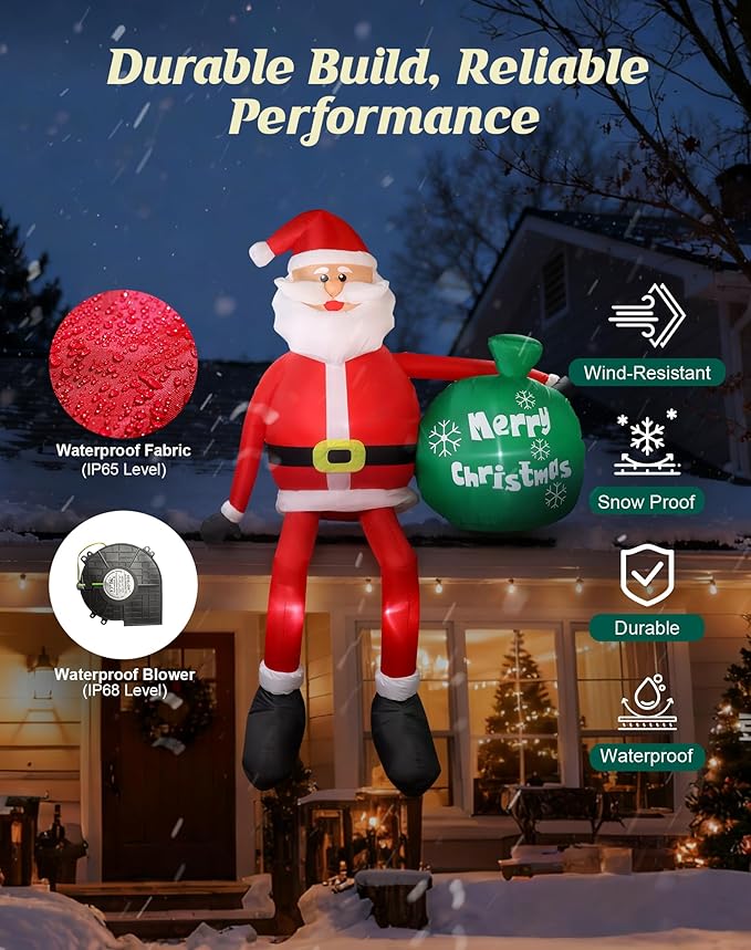 8 FT Christmas Inflatables Outdoor Decorations, Santa Claus with Gift Bag, LED Lighted Blow Up IP68 Weatherproof Sitting Santa Xmas Indoor Outdoor Decor for Yard Garden Lawn Mall Party Holiday