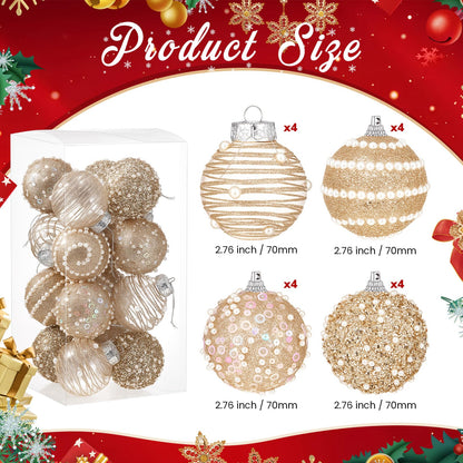 HyDren 16 Pcs Champagne Gold 2.76" Christmas Ball Ornaments Glitter Pearl & Sequin Christmas Ball Decorations Shatterproof Baubles Sparkling Pearl Shine Balls for Xmas Tree Birthday Halloween Wedding
