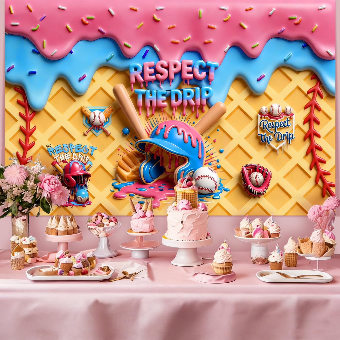 Ice Cream Drip Baseball Birthday Party Decoration 3D Visual Effect Baseball Ice Cream Drip Theme Banner Sports Party Hanging Photo Supplies for Summer Party Gathering Decorations