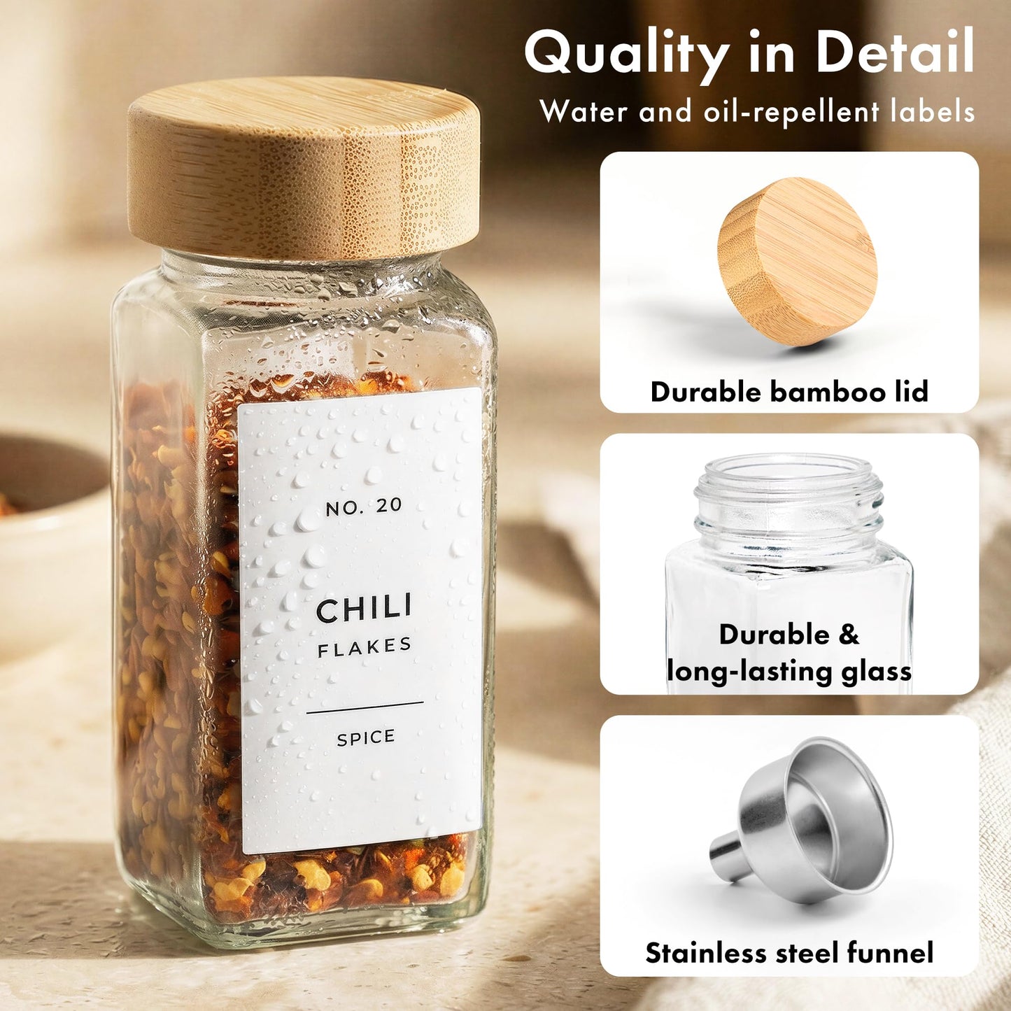 EDELHAUS® Square Spice Jars with Bamboo Wooden Lid (Pack of 24) Spice Jars with Shaker Insert and 240 Labels - Bamboo Lid Glass Container for Spice Organisation [4.3 in × 1.8 in]
