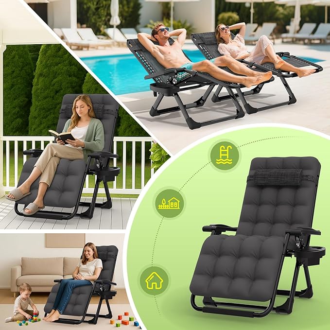 Suteck Zero Gravity Chair, Reclining Camping Lounge Chair w/Removable Cushion, Upgraded Lock and Cup Holder, Reclining Patio Chairs Folding Recliner for Indoor and Outdoor