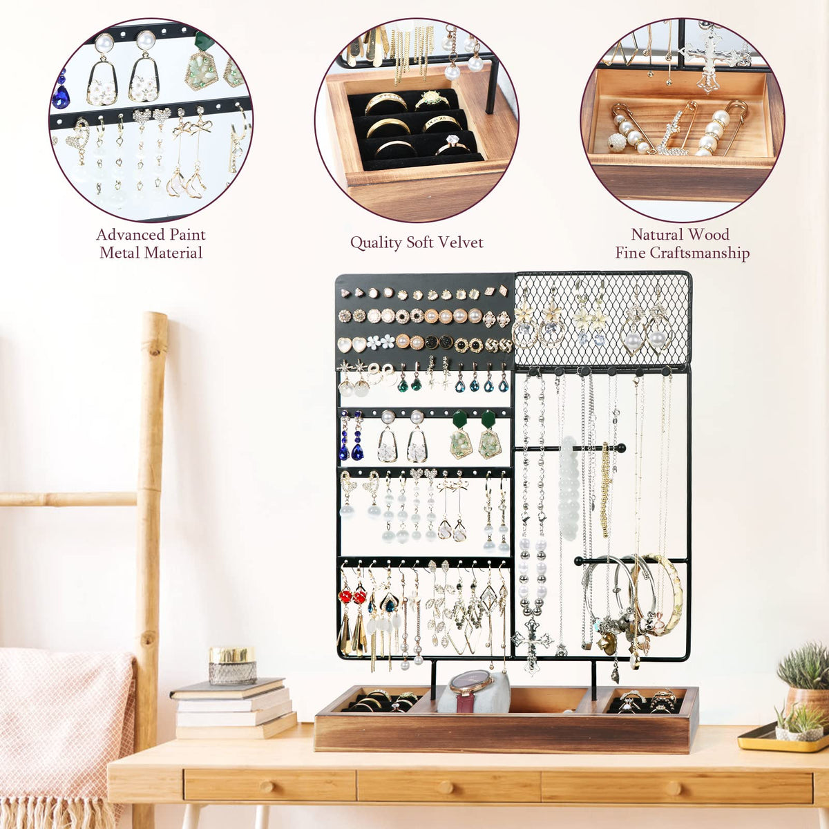 sovia Jewelry Organizer Stand,Earring Organizer with 84 Holes Ear Stud,Jewelry Organizer Holder with Wooden Tray for Earrings Necklaces Bracelets Watches and Rings,Earring Holder Organizer,Black
