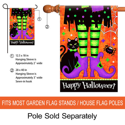 Morigins Trick Or Treat Witch Feet 28 x 40 Black Kitty Spider Decorative Happy Halloween Double Sided House Flag