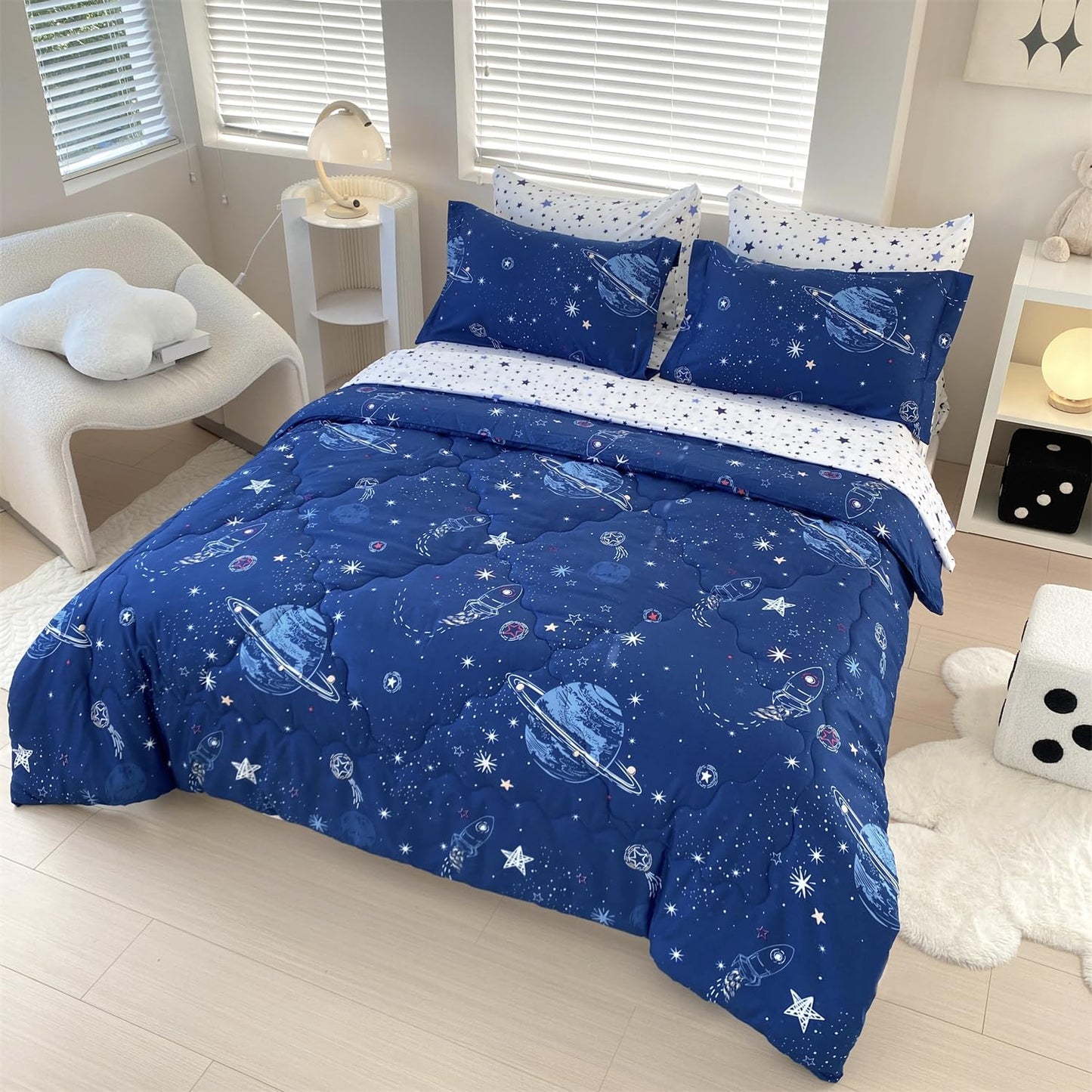 Gusuhome 7 Piece Boys Space Comforter Set Twin Size Bed in A Bag Star Rocket Galaxy Universe Planets Bedding Set for Kids Teens Girls Microfiber Blue Quilt All Season