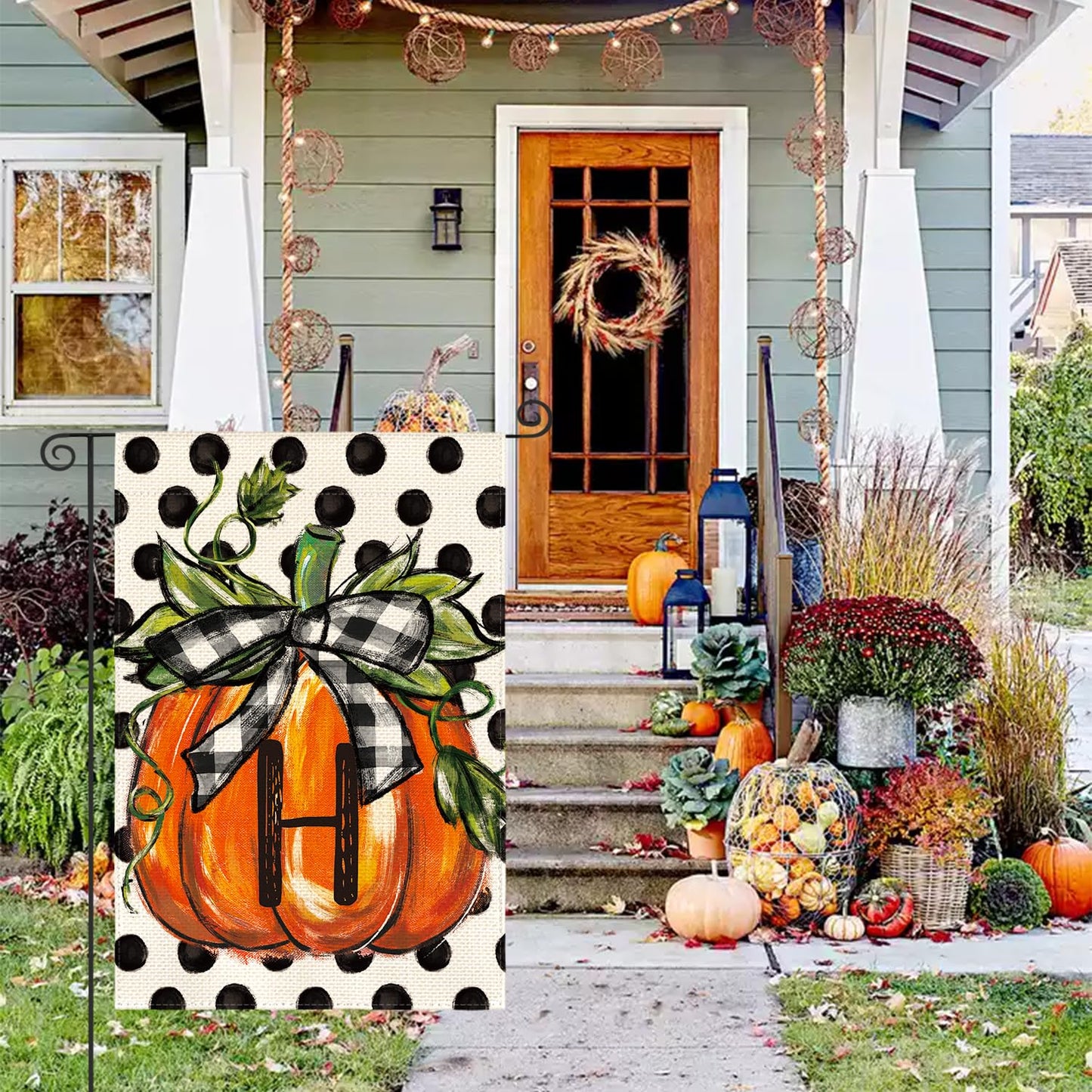 AVOIN colorlife Fall Monogram Letter H Garden Flag Polka Dot Pumpkin 12x18 Inch Double Sided Outside, Small Burlap Family Last Name Initial Yard Decoration