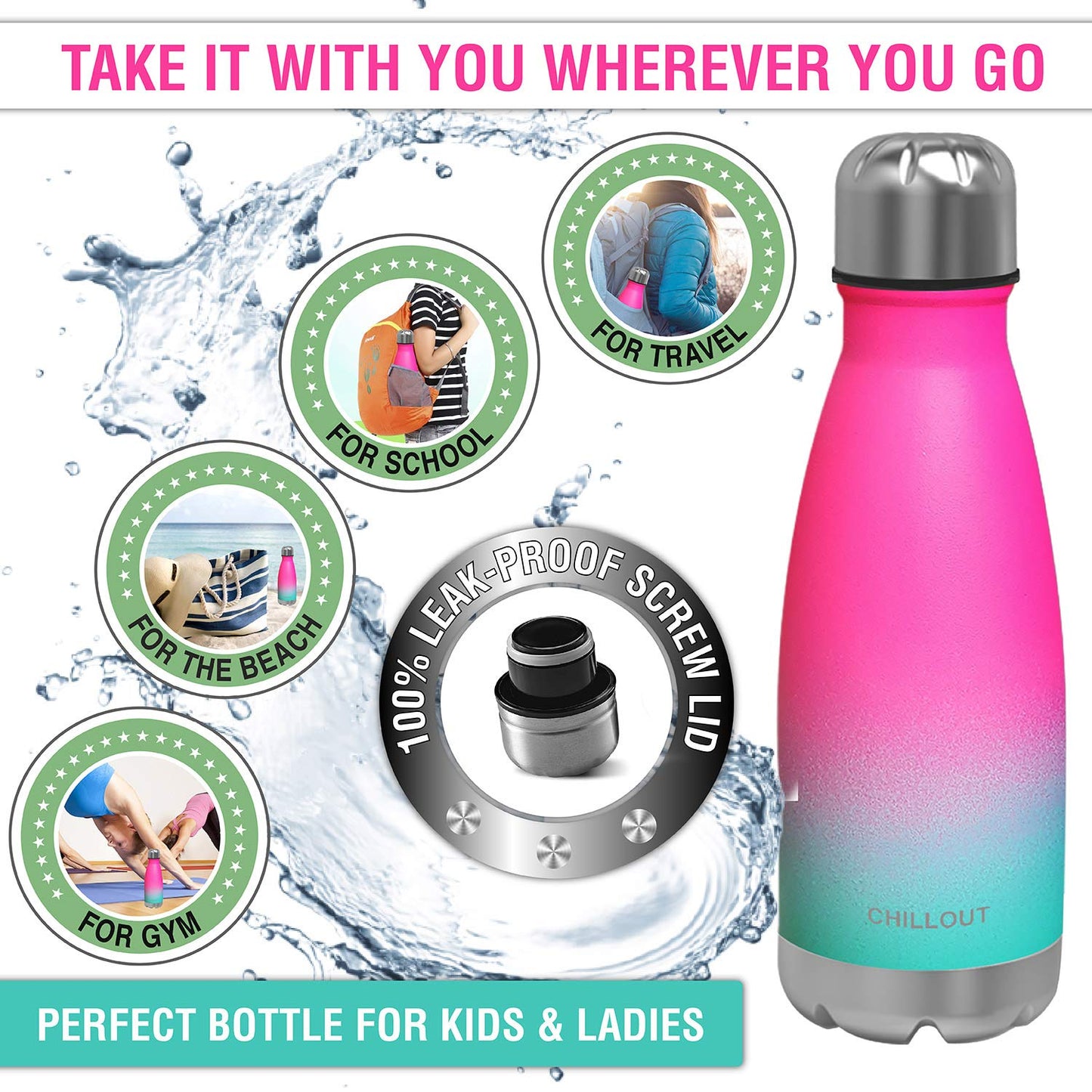 CHILLOUT LIFE Stainless Steel Water Bottle for Kids School: 12 oz Double Wall Insulated Cola Bottle Shape for Cold and Warm Drinks, BPA Free Metal Sports Bottle for Boys, Girls & Women