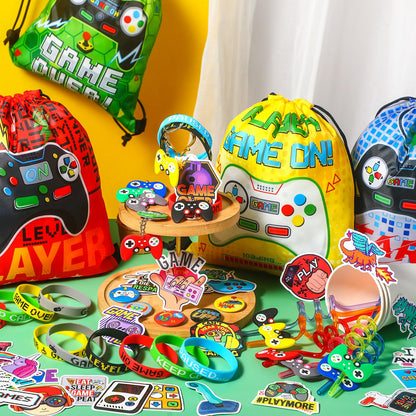 Sadnyy 140 Pcs Gaming Party Favors Video Game Birthday Decorations Supplies Drawstring Bags with Silicone Bracelets Keychains Straws Button Pins Stickers for Party Rewards Goodie Bags Stuffers