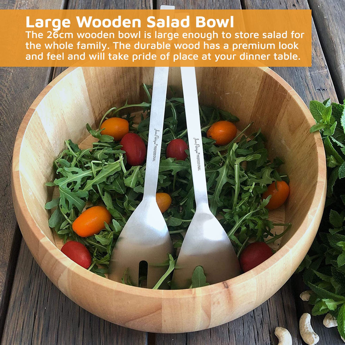 Jean-Patrique Large Wooden Salad Bowl & Serving Utensils - 10 inch Bowl, Spoon & Fork for Pasta, Cereal, Salad or Fruit