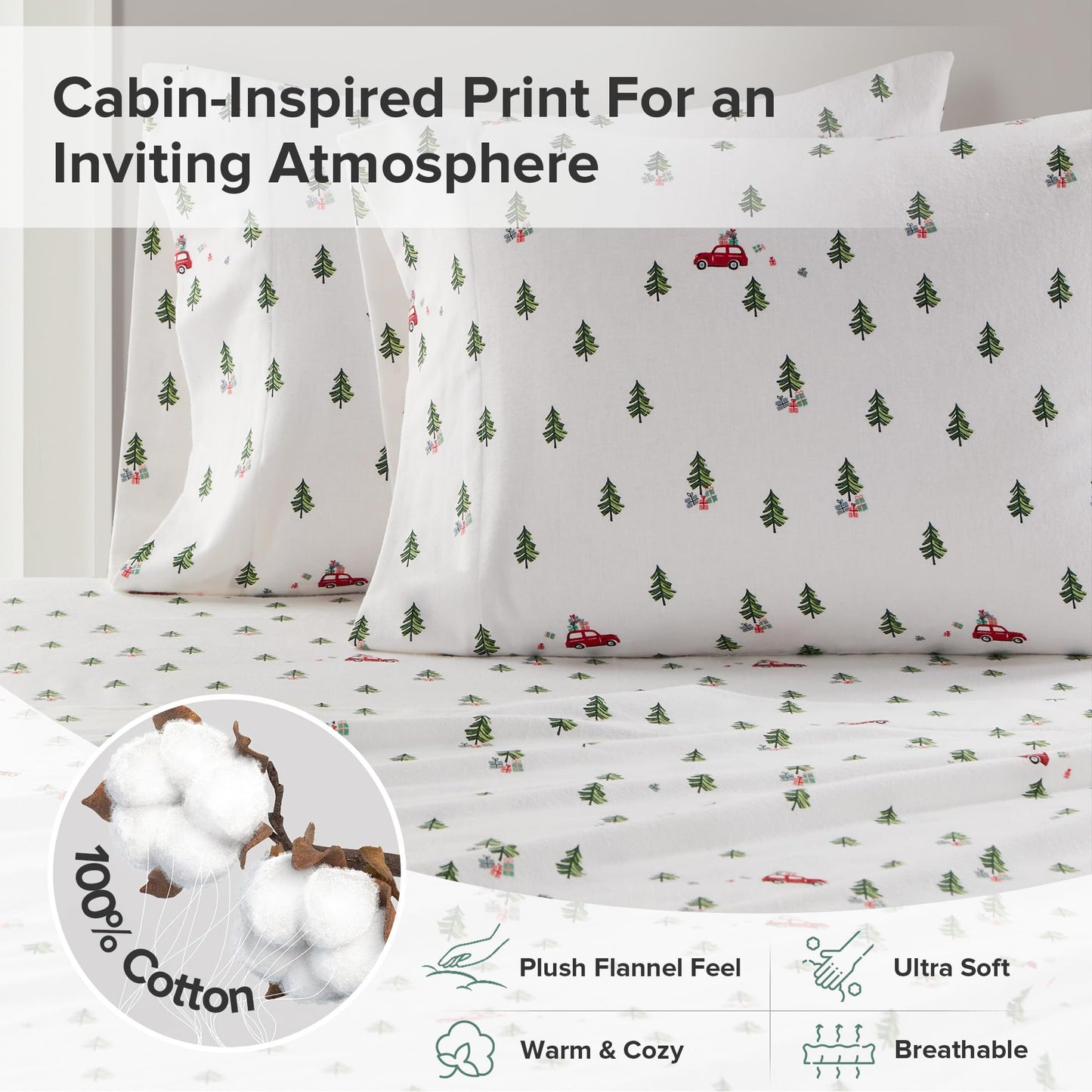 Woolrich Cotton Sheet Set Cottage Charms Print, 100% Cotton Flannel Sheets Warm & Fuzzy Bedding Set Queen Size Sheets, Fitted Pocket Fits Up to 14" Mattress, Queen Green Tree Trip 4 Piece