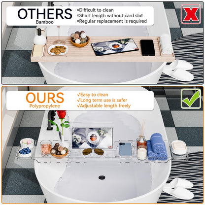 Yieach Luxury Clear Acrylic Bathtub Tray with Book Holder,Expandable Bath Tray for Tub and Bath Shelf Over Tub,Plastic Bath Table & Board,Bath Caddy Trays & Accessories for Women Relaxing Spa Gifts