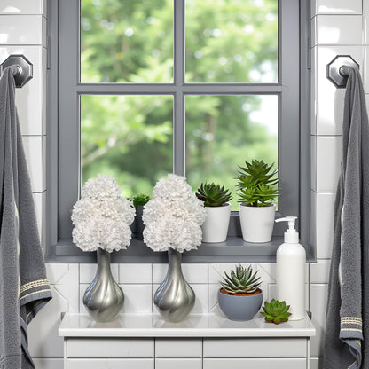 Flourish Vase with Artificial Flowers - Silver Grey and White, Pre-Arranged - Perfect for Home Decor and Living Room Decoration, Bedroom or Bathroom Ornament