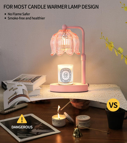 MEIXISUE Pink Flower Candle Warmer Lamp with Timer Dimmer, Adjustable Height No Flame Wax Warmer for Jar Candles, Ideal Gifts for Mom Women, ‌Housewarming New Home Bedroom Decor with 2 Bulbs