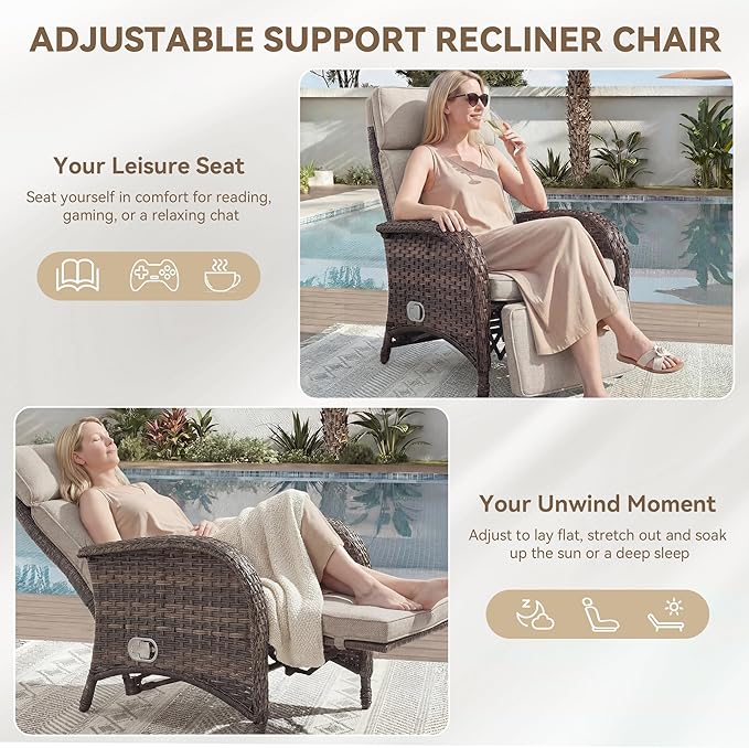 Zero Gravity Wicker Patio Recliner Chair - Wicker Outdoor Lounge Chair with Adjustable Backrest & Footrest, All Weather Outdoor Reclining Chairs with Thick Cushion for Pool Deck Beige