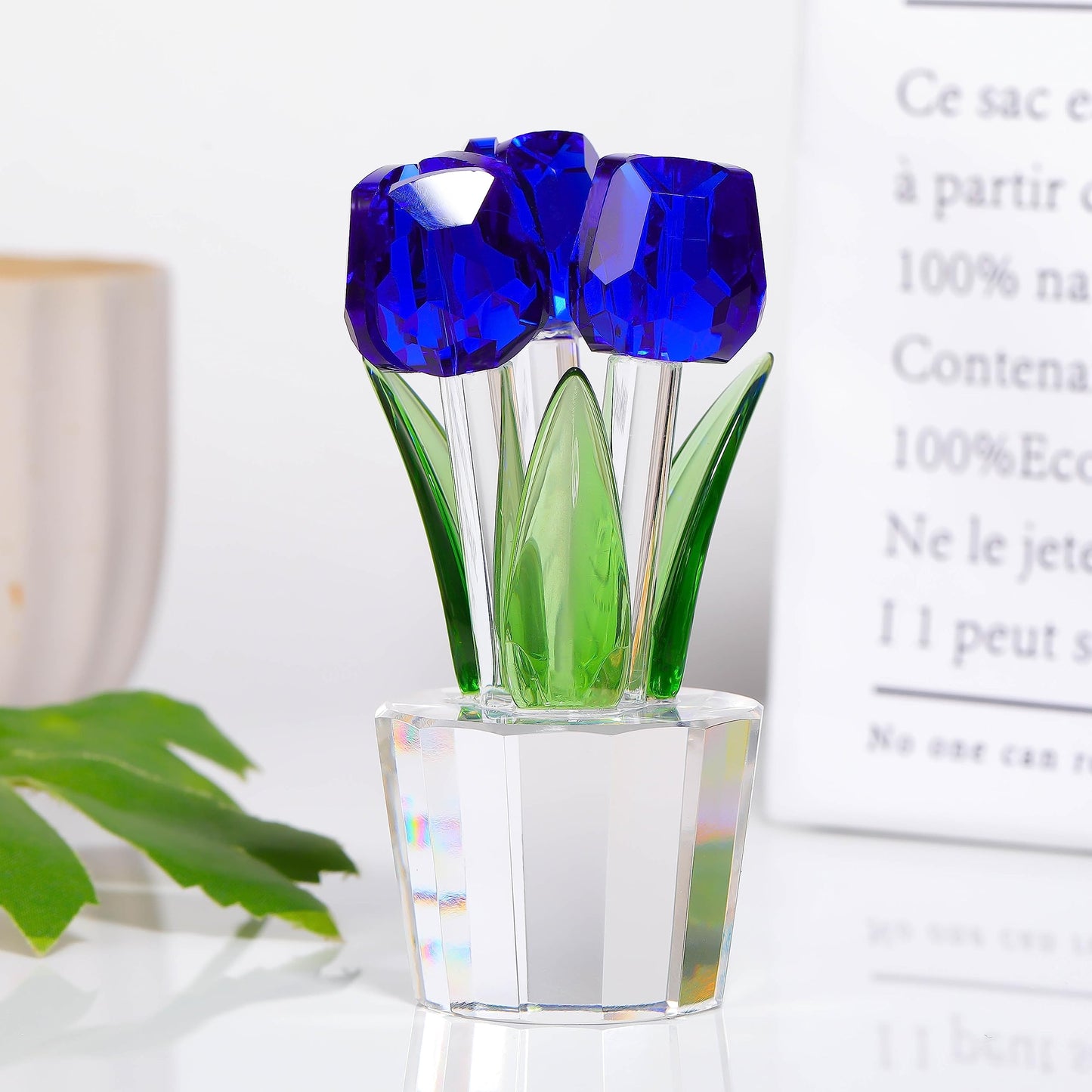 Qianwei Crystal Tulips Flowers Figurine Blue with Vase - Glass Flower Bouquet Collectible Figurines Crystal Office Home Decor Paperweight - Tulip Gifts for Women Mom Bestfriend Wedding Anniversary