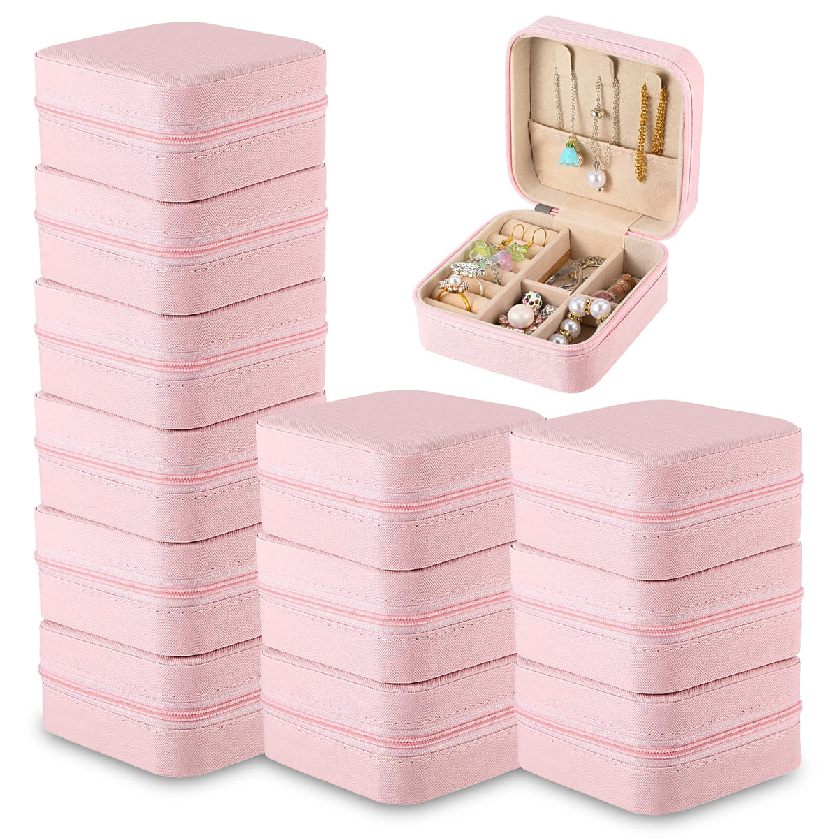 SHENLIU 12 Pack Mini Pink Travel Jewelry Case Bridesmaid Proposal Gift Boxes, 3.74 x 3.74 x 1.81 inches Small Leather Portable Jewelry Earring Organizer for Women Girls Travel Accessories