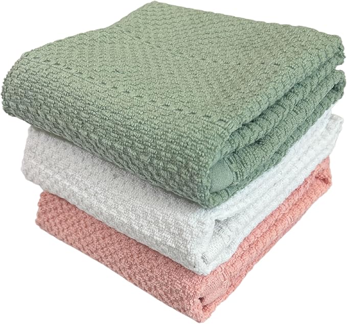 Sage White Light Pink Kitchen Hand Dish Towels: Oversized 28" x 18", 100%