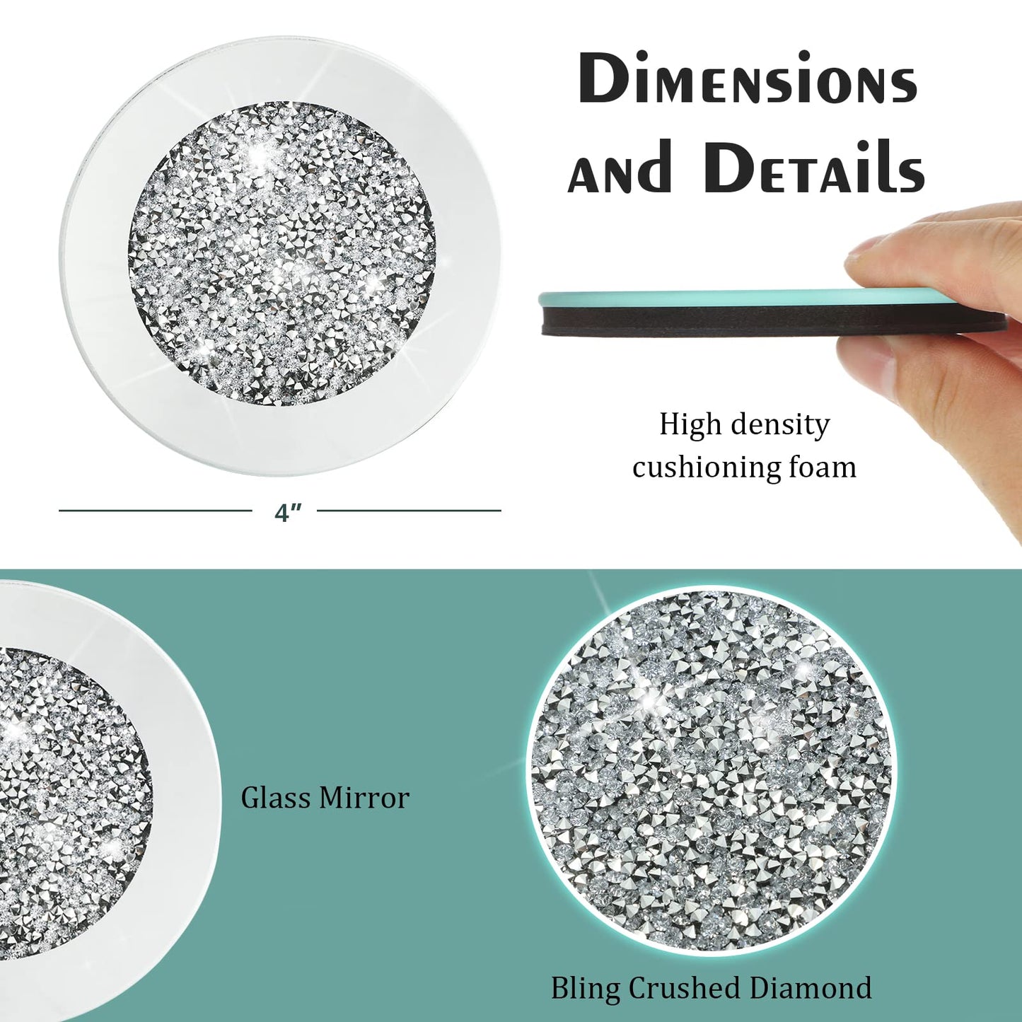 Jetec Mirrored Glass Coaster Set of 6 with 1 Holder 4" Crushed Diamond Round Cup Mat Glitter Crystal Rhinestone Glass Coaster Bling Table Decor for Bar Kitchen Gift for Christmas(Silver,4 Inch)