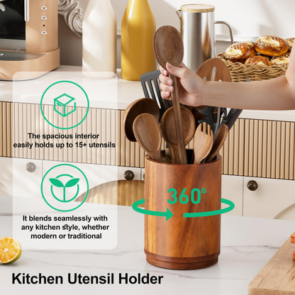 ZUJJAFY Utensil Holder, 360° Rotating Acacia Wood Kitchen Utensil Holder for Counter, 7.2" Large Cooking Utensil Crock for Countertop, Wooden Utensils Organizer for Cooking Spatula Storage