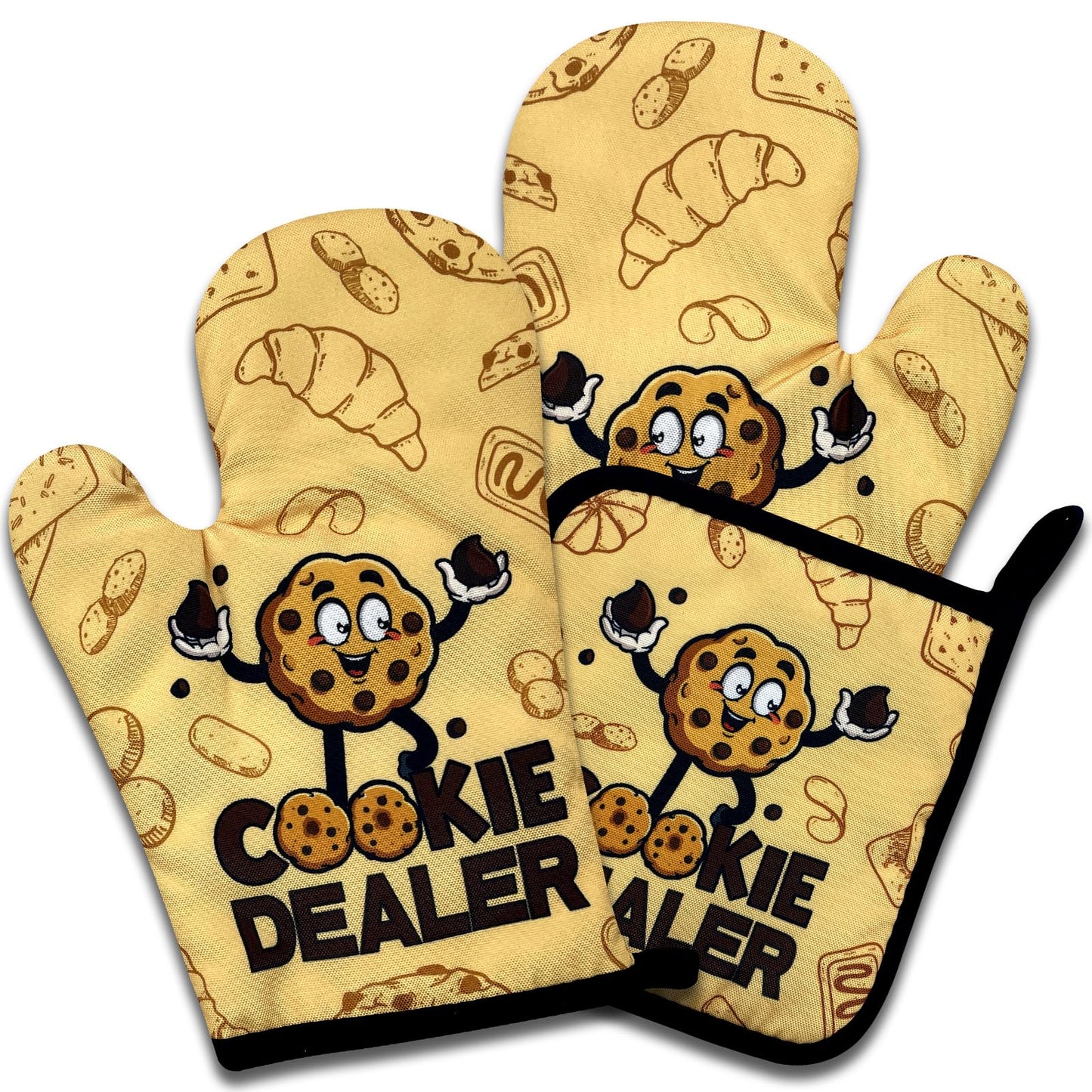 NAHMAKNE Funny Cookie Oven Mitts and Pot Holders Set of 3, Cookie Dealer, Heat Resistant Non-Slip Kitchen Mitts Hot Pads, Chef Baking Gifts for Mom Wife, Birthday Gifts for Women Men Friend Bakers