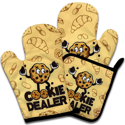 NAHMAKNE Funny Cookie Oven Mitts and Pot Holders Set of 3, Cookie Dealer, Heat Resistant Non-Slip Kitchen Mitts Hot Pads, Chef Baking Gifts for Mom Wife, Birthday Gifts for Women Men Friend Bakers