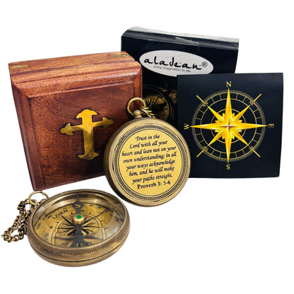 Trust in The Lord - Proverbs 3: 5-6 Engraved Compass, Wood Box Greeting, Inspirational Gift Men, Christian Boys Baptism Gifts, Graduation Day (#1 Lord's Compass)