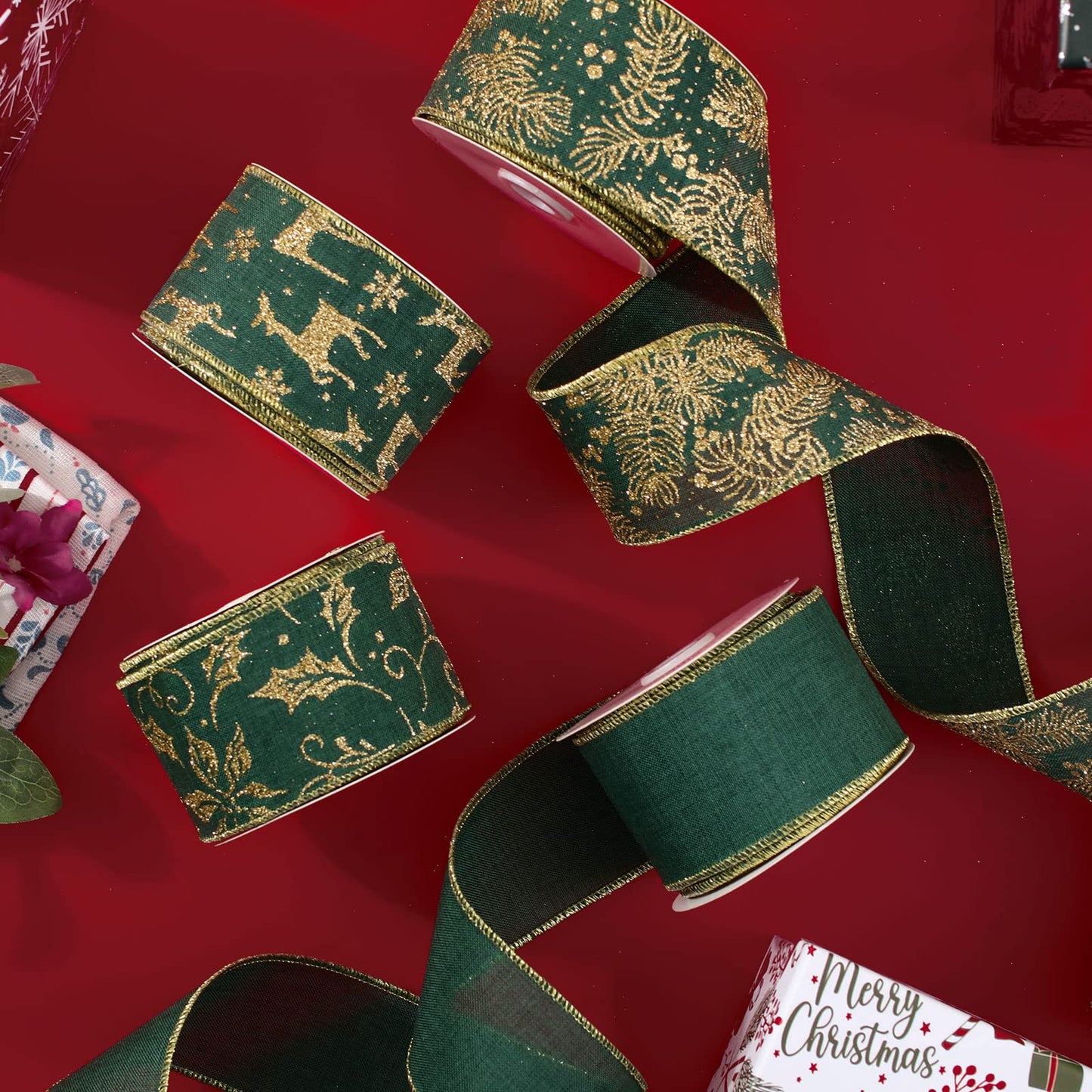 UNIQOOO 40 Yards 4 Rolls Seamless Green Christmas Wired Ribbon Set, 2.5 inch x 10yd. Satin Burlap Wired Edge Ribbon for Xmas Tree Décor, Gift Wrap Box, Bows, Wreath, Garland, Floral DIY Craft, Wedding