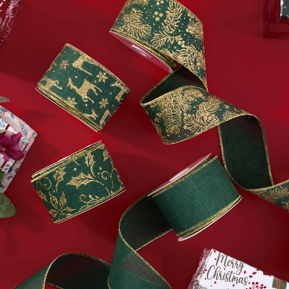 UNIQOOO 40 Yards 4 Rolls Seamless Green Christmas Wired Ribbon Set, 2.5 inch x 10yd. Satin Burlap Wired Edge Ribbon for Xmas Tree Décor, Gift Wrap Box, Bows, Wreath, Garland, Floral DIY Craft, Wedding