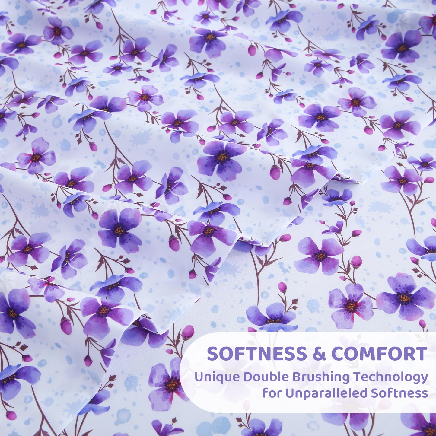 Mooreeke Cozy Floral Microfiber Printed Full Sheet Set - Soft & Breathable Purple Floral Bed Sheets with Deep Pocket - Non-Slip Fitted Design - Purple Flowers Pattern - Full