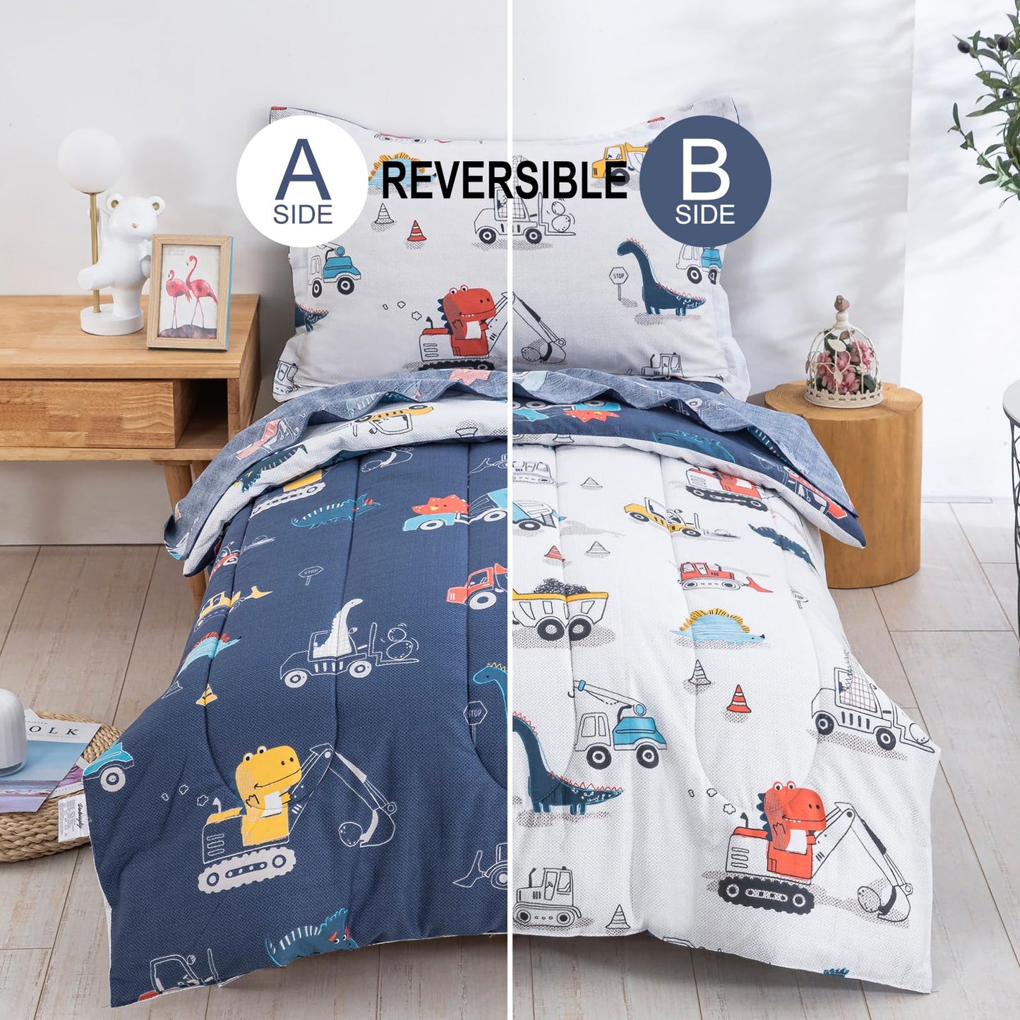 DJY 4 Pieces Cotton Toddler Bedding Set, Dinosaur Cars Reversible Toddler Bed Comforter Set for Kids Boys Girls, Includes Quilted Comforter, Flat Sheet, Fitted Sheet and Pillowcase
