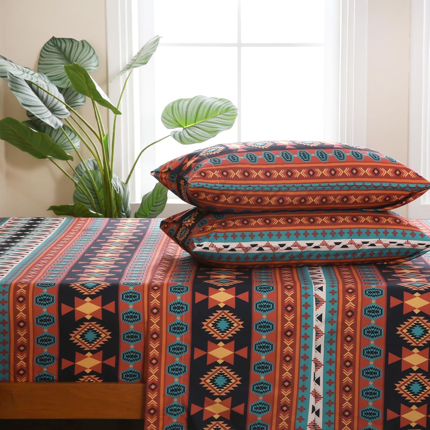 CozySmile 4 Pieces Queen Sheet Set Bohemian, Boho Sheets Soft Microfiber Deep Pocket, Western Sheets Geometric(Queen, Multicolor Tribal)